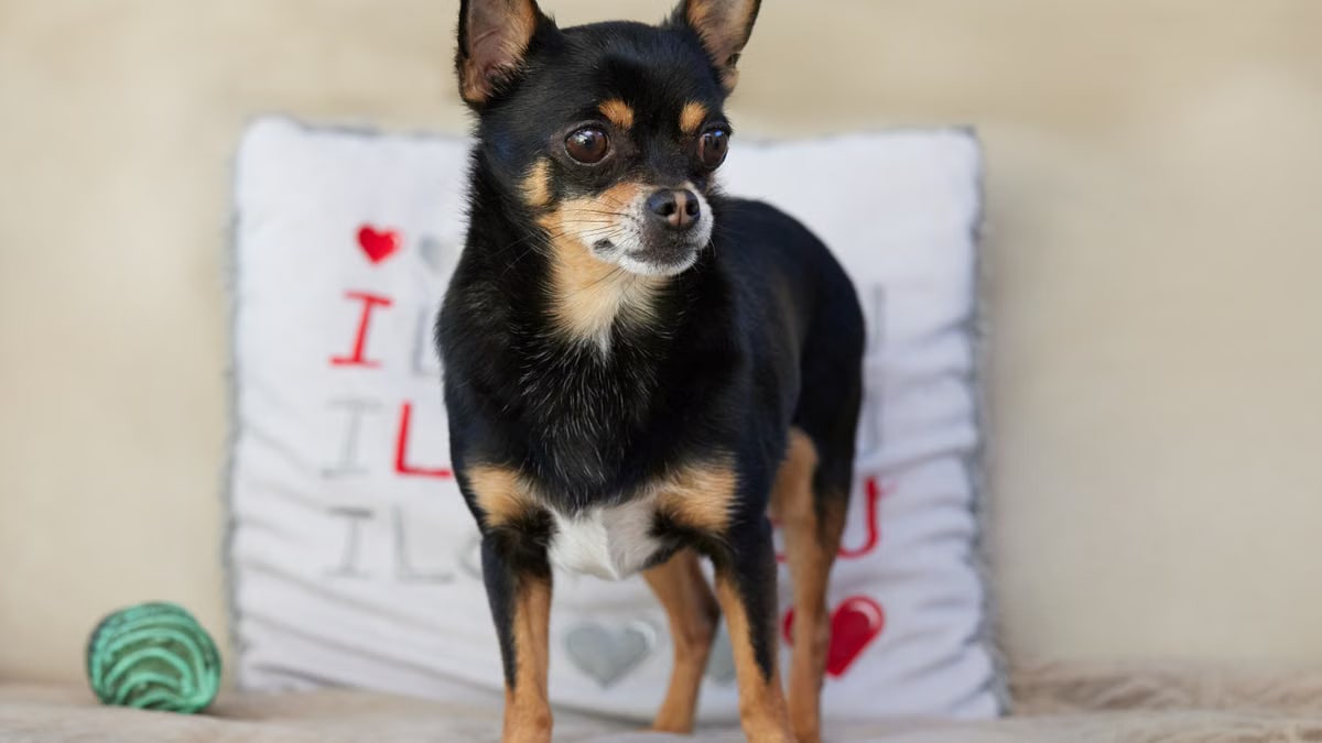 Cute black tan Chihuahua standing indoors with a heart-themed pillow.